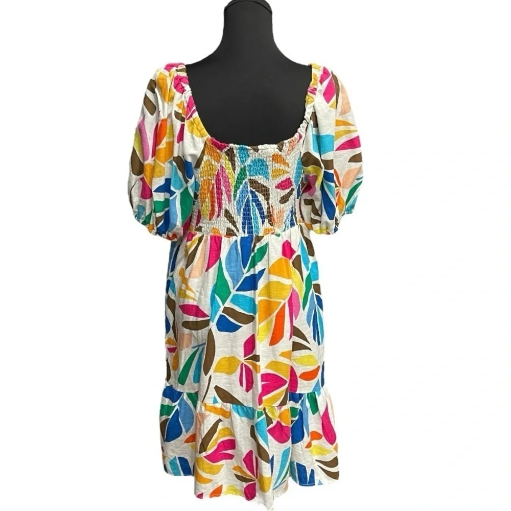 Vacation / Resort Puff Sleeve Dress | Tabitha Brown Tropical Linen | Size Large - Picture 6 of 12